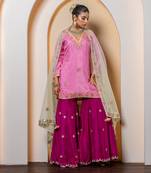 pink silk sharara set with embroidered work