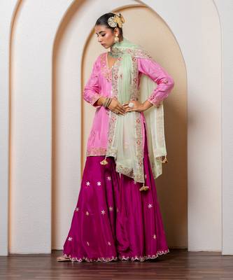 pink silk sharara set with embroidered work 2