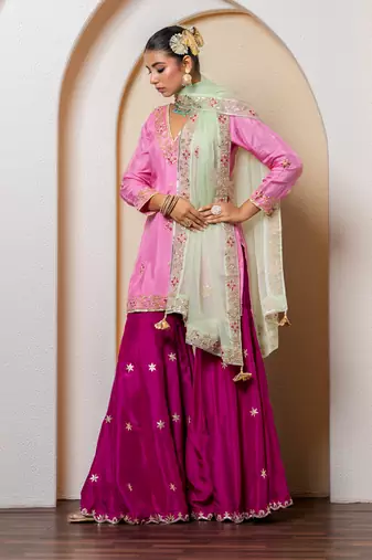pink silk sharara set with embroidered work