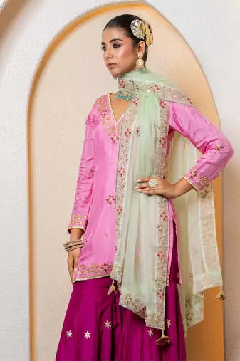pink silk sharara set with embroidered work