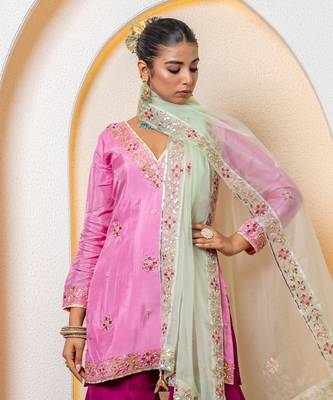 pink silk sharara set with embroidered work 4