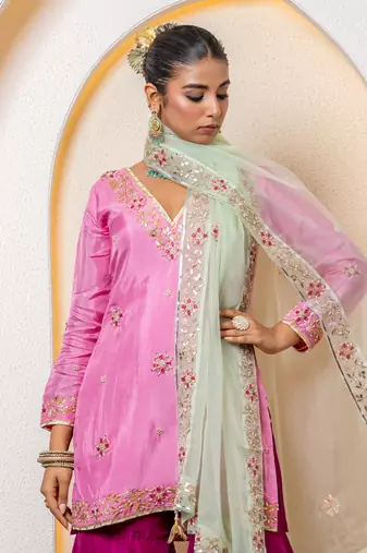 pink silk sharara set with embroidered work