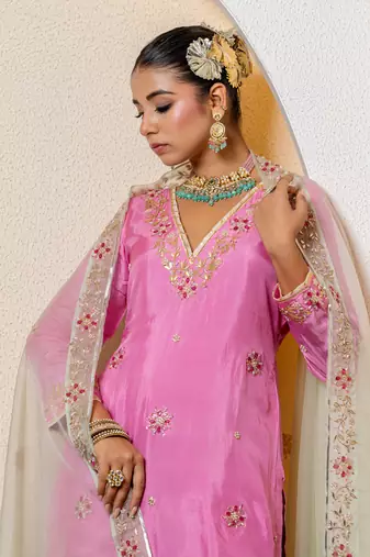 pink silk sharara set with embroidered work