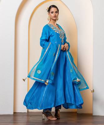 Teal blue hand embroidered pure spun kurta set 1