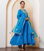 Teal blue hand embroidered pure spun kurta set