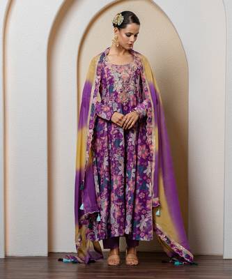 Purple chanderi floral printed anarkali set 1