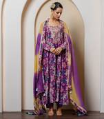 Purple chanderi floral printed anarkali set