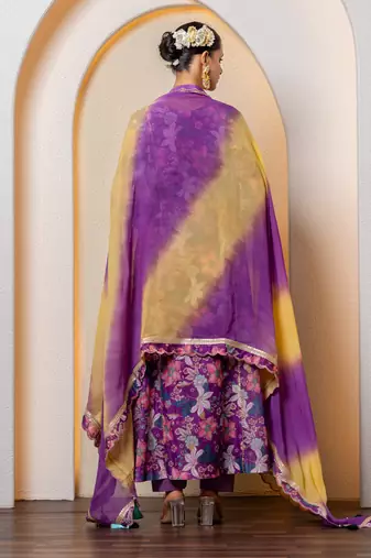 Purple chanderi floral printed anarkali set