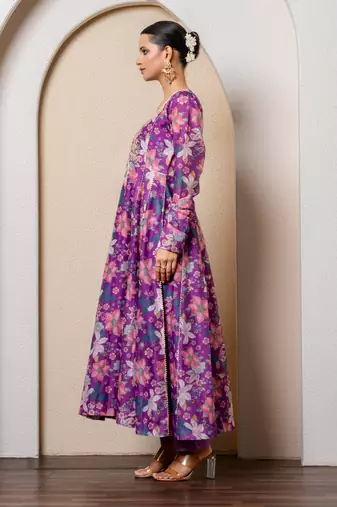 Purple chanderi floral printed anarkali set