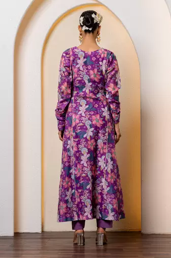 Purple chanderi floral printed anarkali set