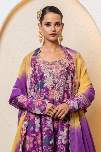 Purple chanderi floral printed anarkali set