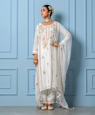 Ivory pure spun silk hand embroidered kurta set 1