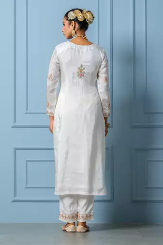 Ivory pure spun silk hand embroidered kurta set