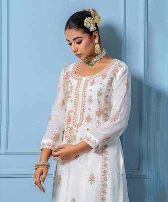 Ivory pure spun silk hand embroidered kurta set 3