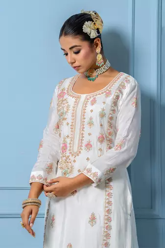 Ivory pure spun silk hand embroidered kurta set