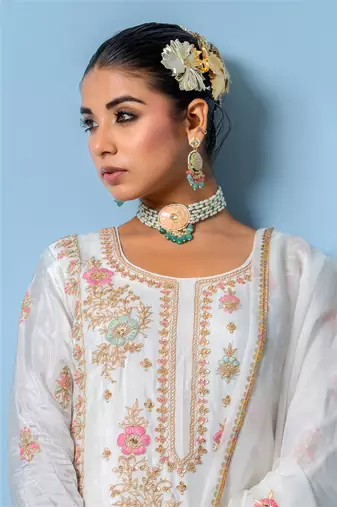 Ivory pure spun silk hand embroidered kurta set