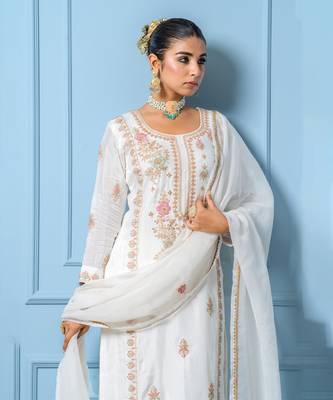 Ivory pure spun silk hand embroidered kurta set 5