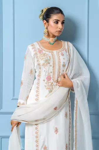 Ivory pure spun silk hand embroidered kurta set