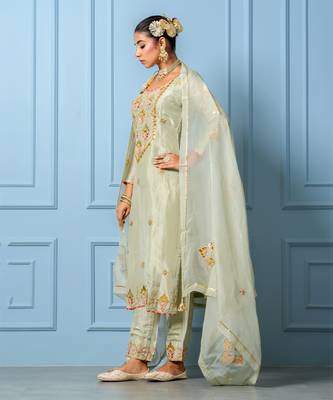 Sea green pure spun silk hand embroidered kurta set 1