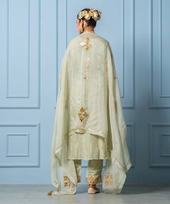 Sea green pure spun silk hand embroidered kurta set 2