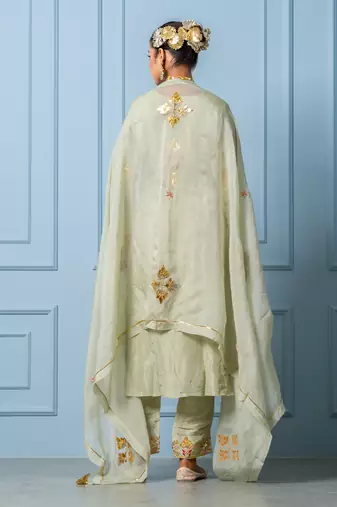Sea green pure spun silk hand embroidered kurta set