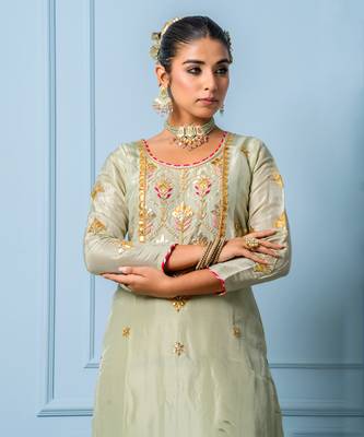 Sea green pure spun silk hand embroidered kurta set 3
