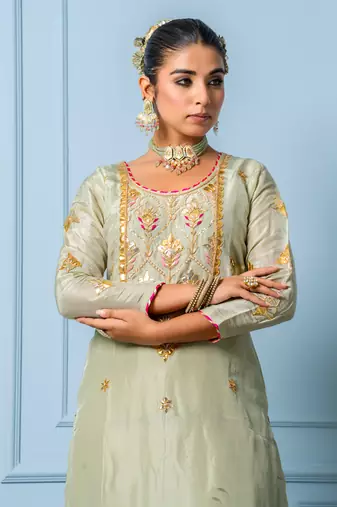 Sea green pure spun silk hand embroidered kurta set
