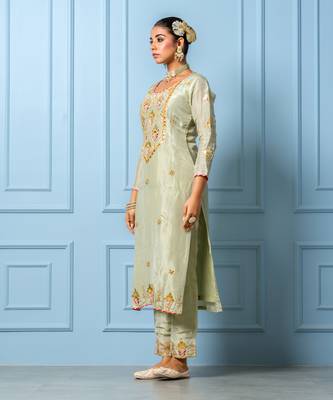 Sea green pure spun silk hand embroidered kurta set 4