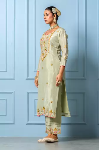 Sea green pure spun silk hand embroidered kurta set