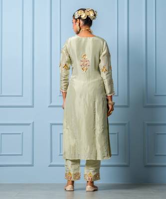 Sea green pure spun silk hand embroidered kurta set 5