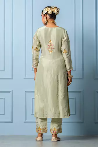 Sea green pure spun silk hand embroidered kurta set