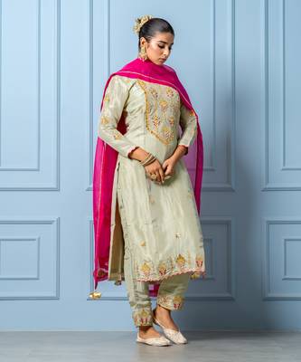 Sea green pure spun silk hand embroidered kurta set 1