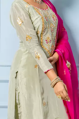 Sea green pure spun silk hand embroidered kurta set