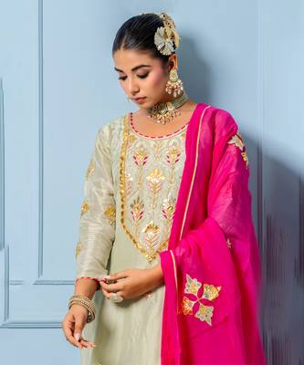 Sea green pure spun silk hand embroidered kurta set 4