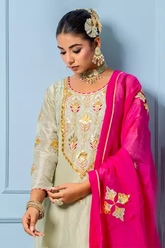 Sea green pure spun silk hand embroidered kurta set