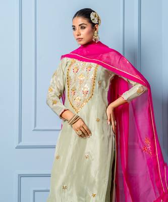 Sea green pure spun silk hand embroidered kurta set 5