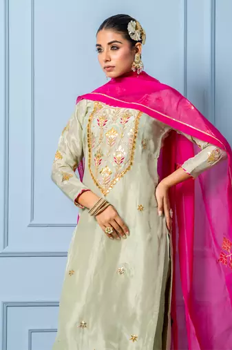 Sea green pure spun silk hand embroidered kurta set