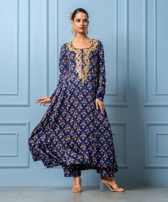 Navy blue hand embroidered modal satin kurta set 1