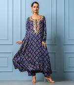 Navy blue hand embroidered modal satin kurta set
