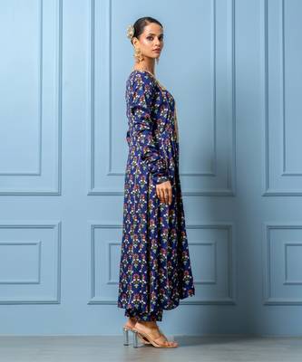 Navy blue hand embroidered modal satin kurta set 2