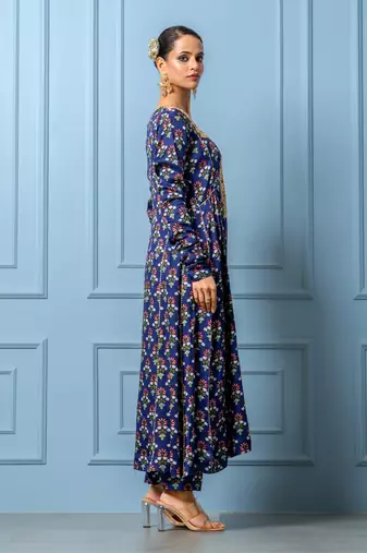 Navy blue hand embroidered modal satin kurta set