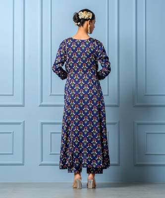 Navy blue hand embroidered modal satin kurta set 3