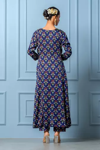 Navy blue hand embroidered modal satin kurta set