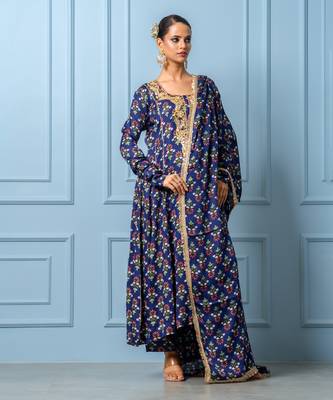 Navy blue hand embroidered modal satin kurta set 4