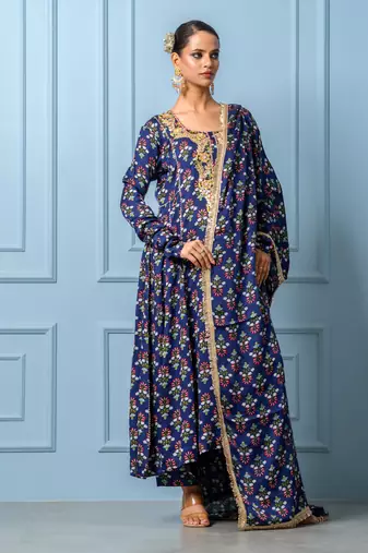 Navy blue hand embroidered modal satin kurta set