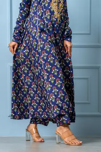 Navy blue hand embroidered modal satin kurta set