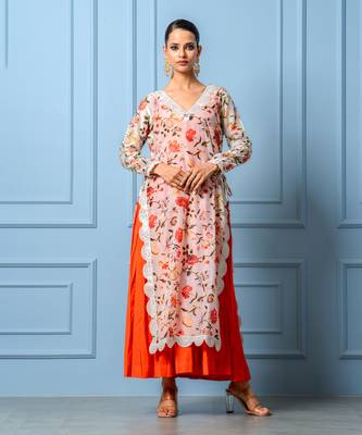 Orange chanderi printed kurta set 1