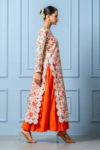 Orange chanderi printed kurta set