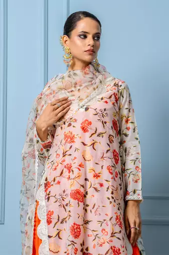 Orange chanderi printed kurta set