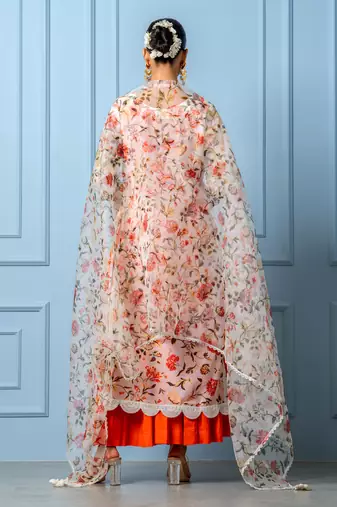 Orange chanderi printed kurta set
